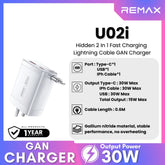 REMAX - U02i Hidden 30W 2 In 1 GAN Charger ( PD+QC ) - White